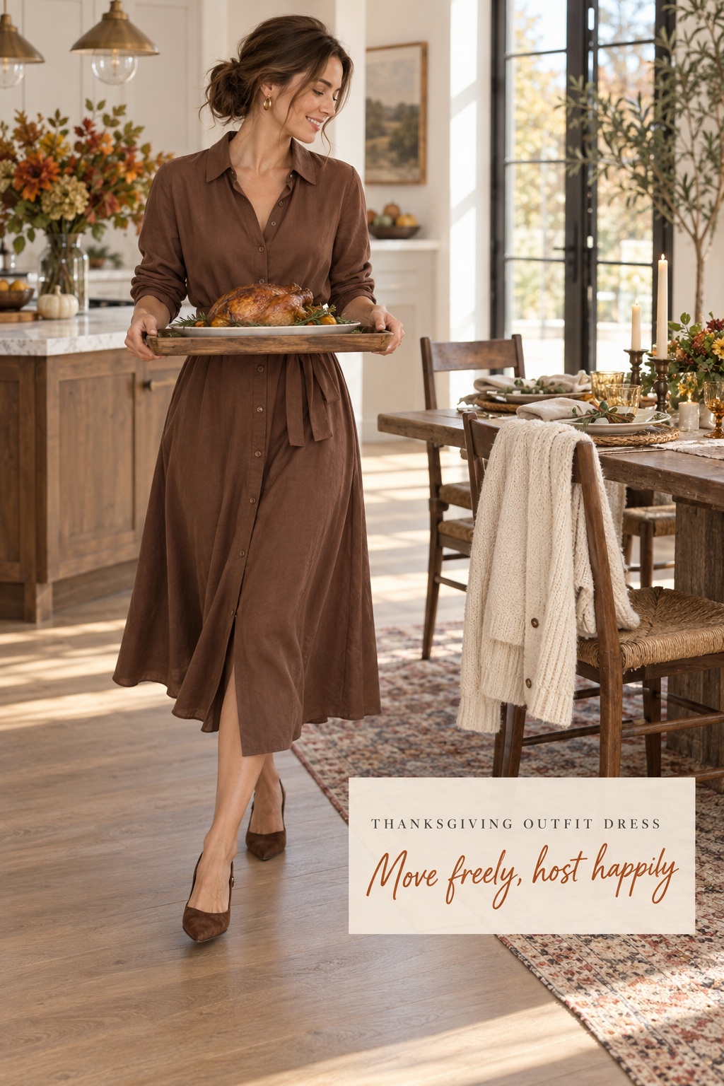 Thanksgiving outfit dress in a brown shirt dress while carrying a tray at home