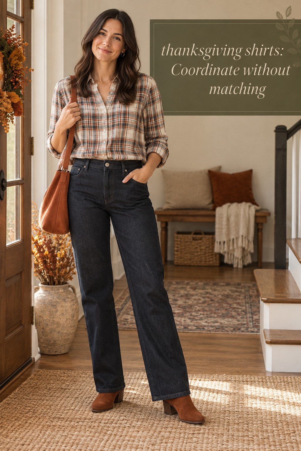 Thanksgiving shirts with muted plaid and dark jeans for a coordinated family photo look