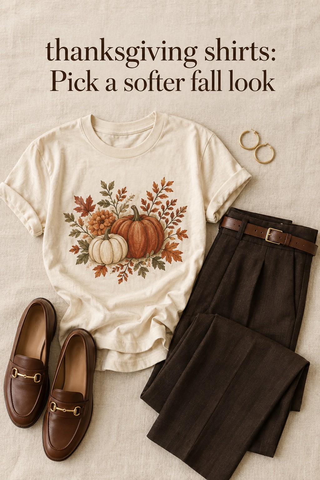Thanksgiving shirts flat lay with a rust pumpkin tee and dark tailored trousers