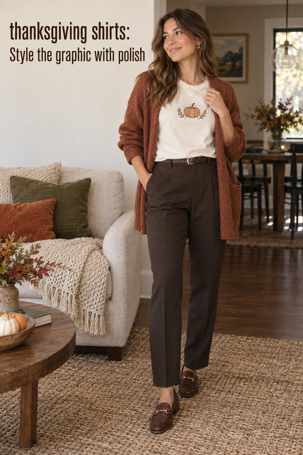 Thanksgiving shirts styled with a pumpkin tee, cardigan, belt, and tailored trousers