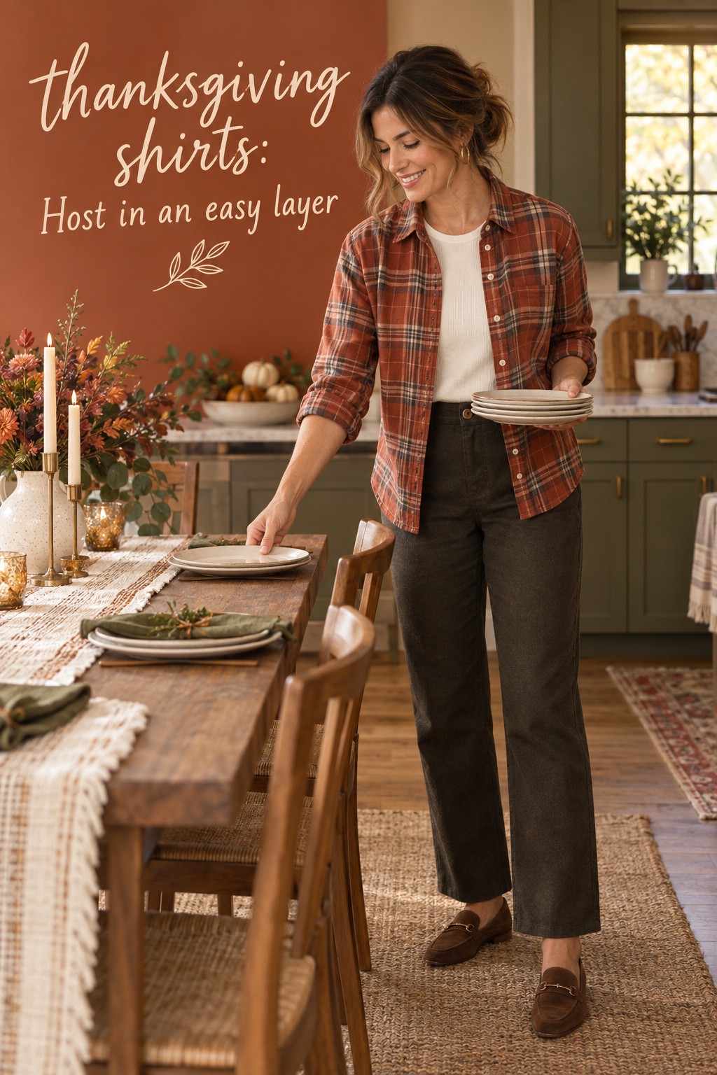 Thanksgiving shirts for hosting, shown as a rust plaid layer over a cream top