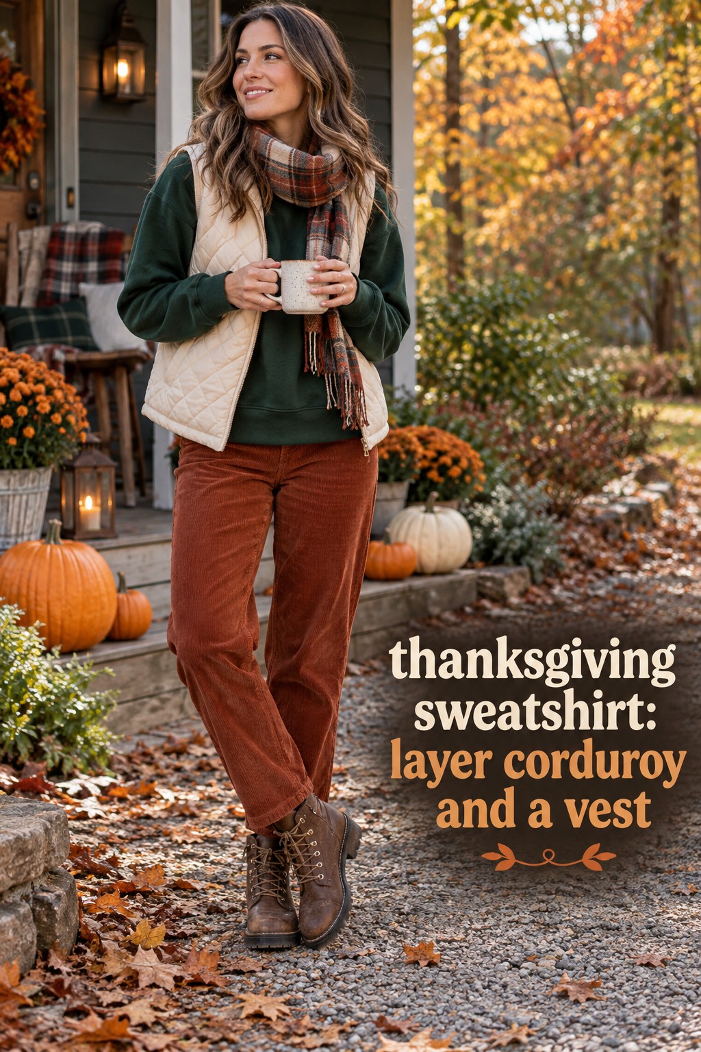 thanksgiving sweatshirt forest green top with rust corduroy pants quilted vest and boots