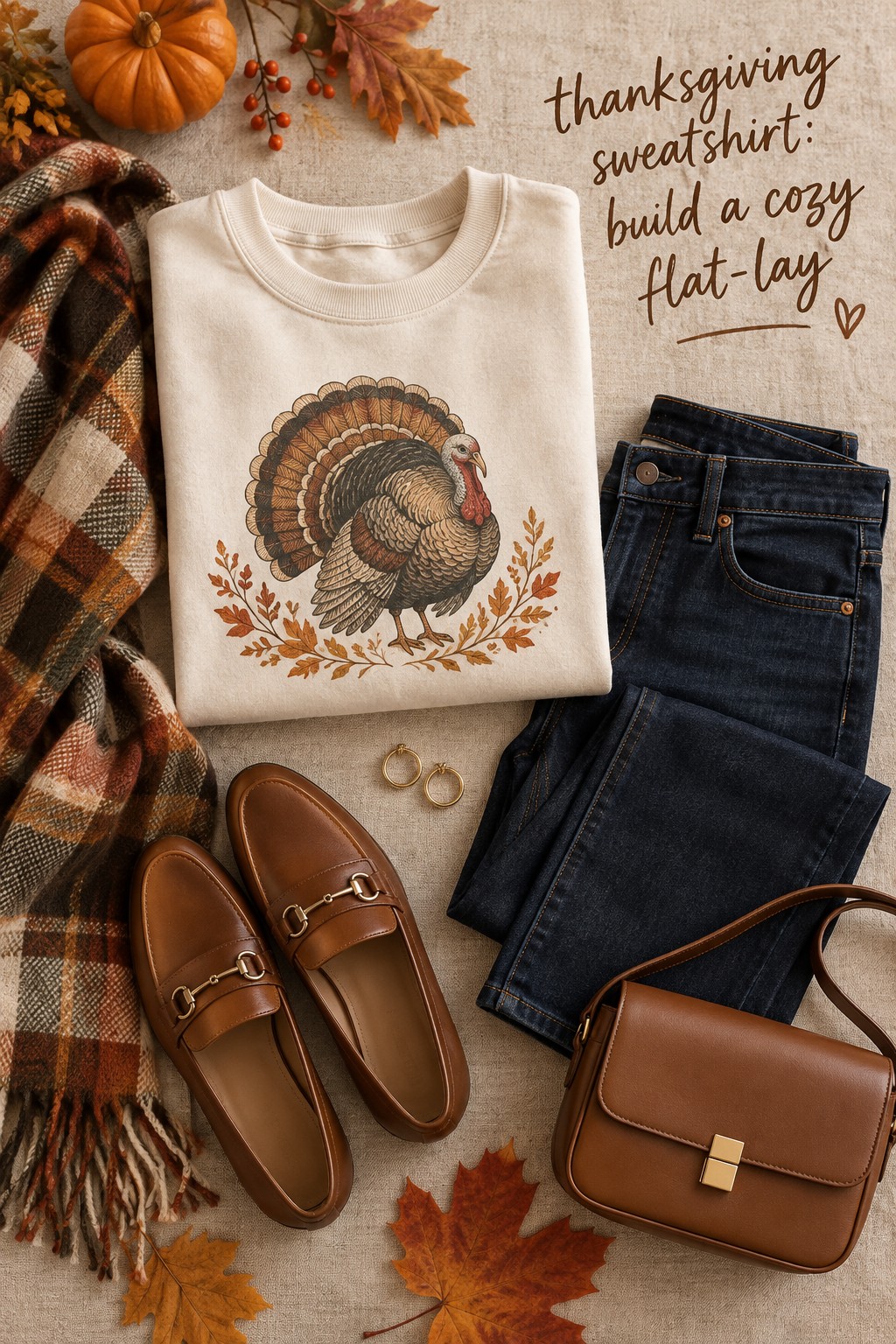 thanksgiving sweatshirt cream flat lay with jeans loafers scarf and gold hoops