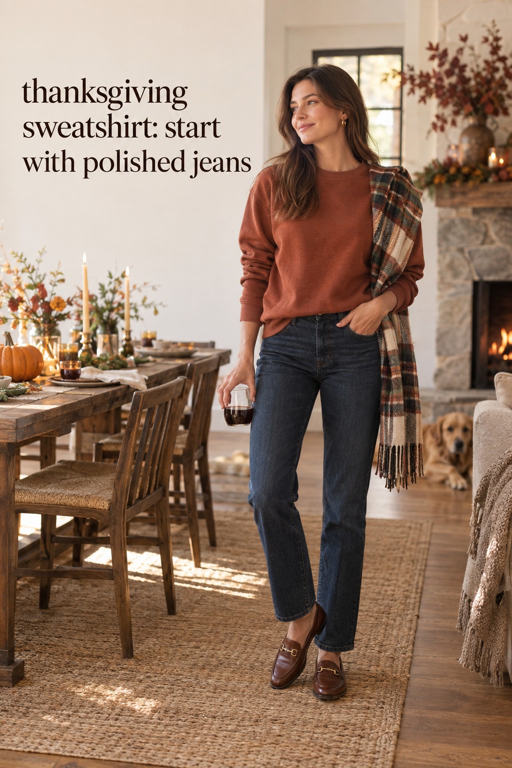 thanksgiving sweatshirt rust top with dark jeans and loafers in a warm dining room