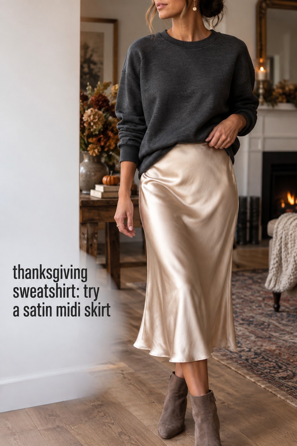 thanksgiving sweatshirt charcoal top with champagne satin midi skirt and ankle boots