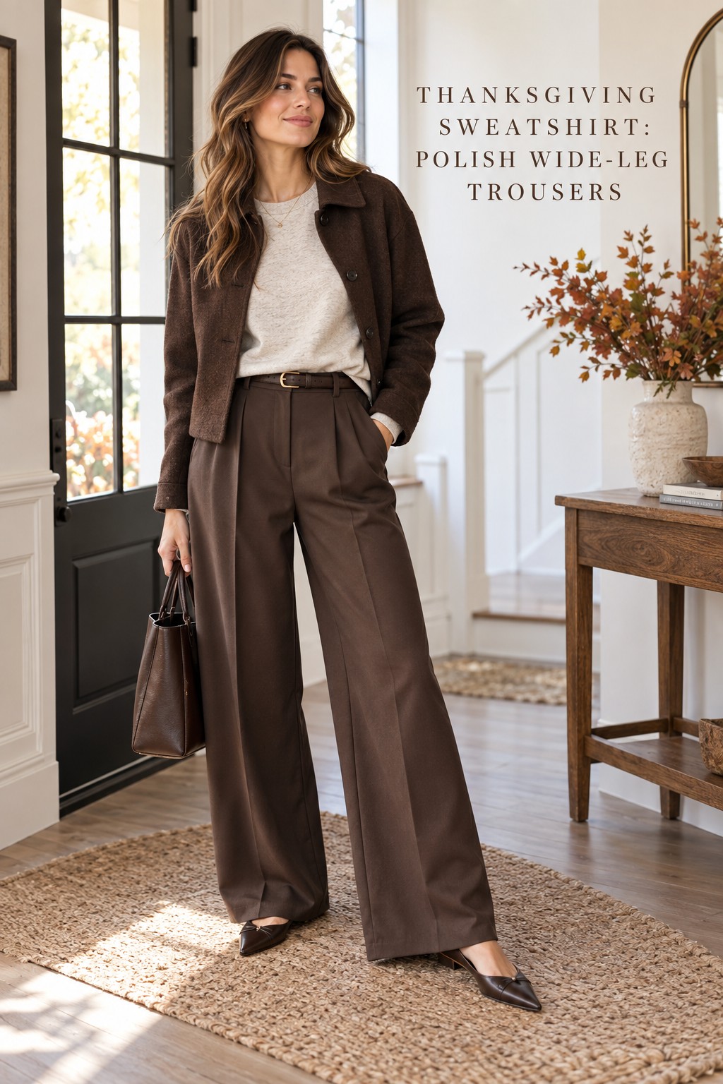 thanksgiving sweatshirt oatmeal top with chocolate wide-leg trousers and pointed flats