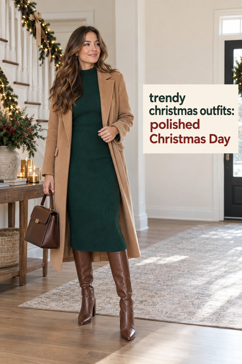 trendy christmas outfits emerald knit dress camel coat polished Christmas Day