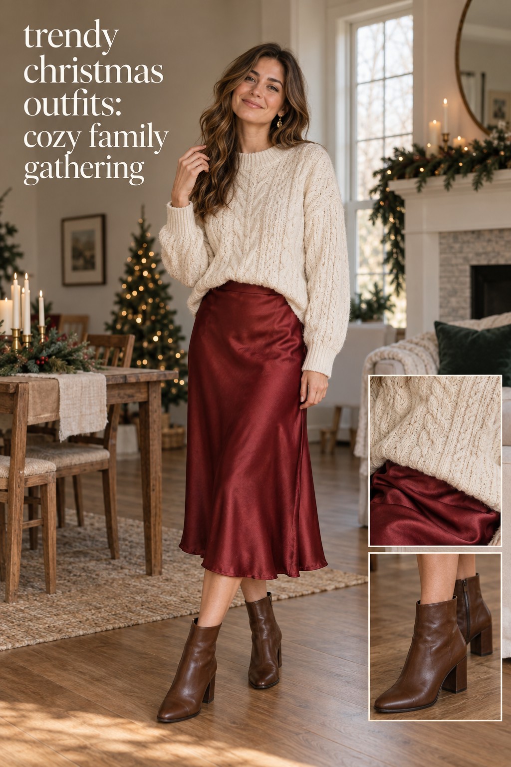 trendy christmas outfits cream sweater cranberry skirt family gathering