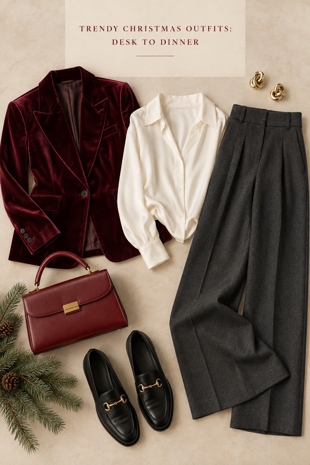 trendy christmas outfits flat lay burgundy blazer desk to dinner