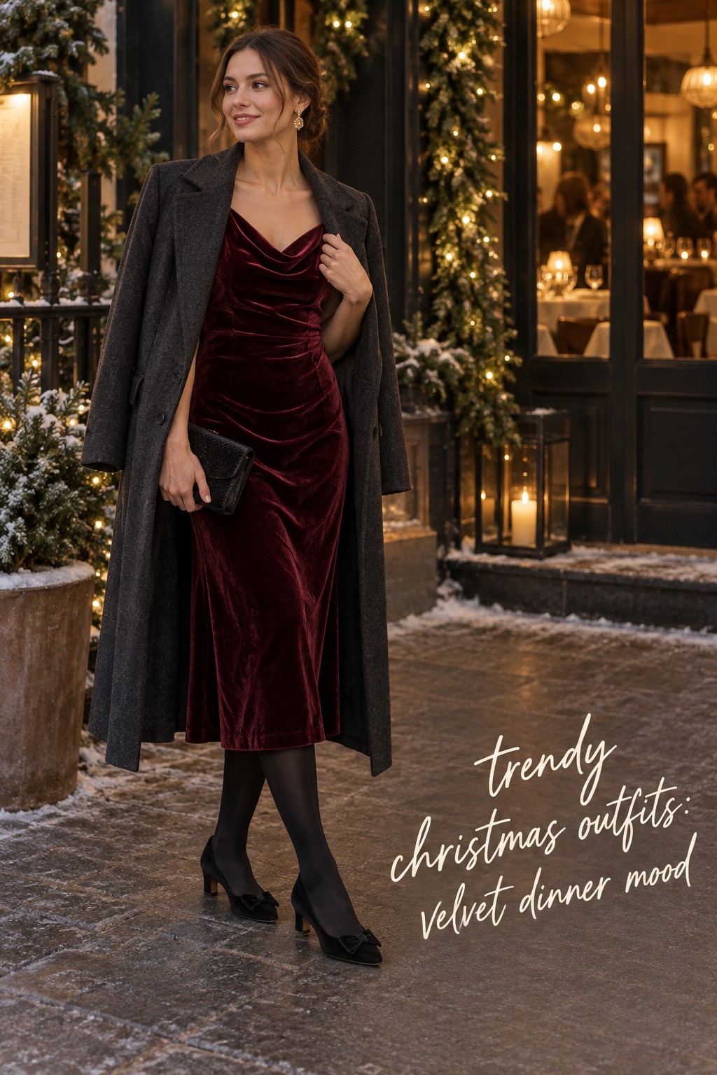 trendy christmas outfits wine velvet dress winter dinner mood