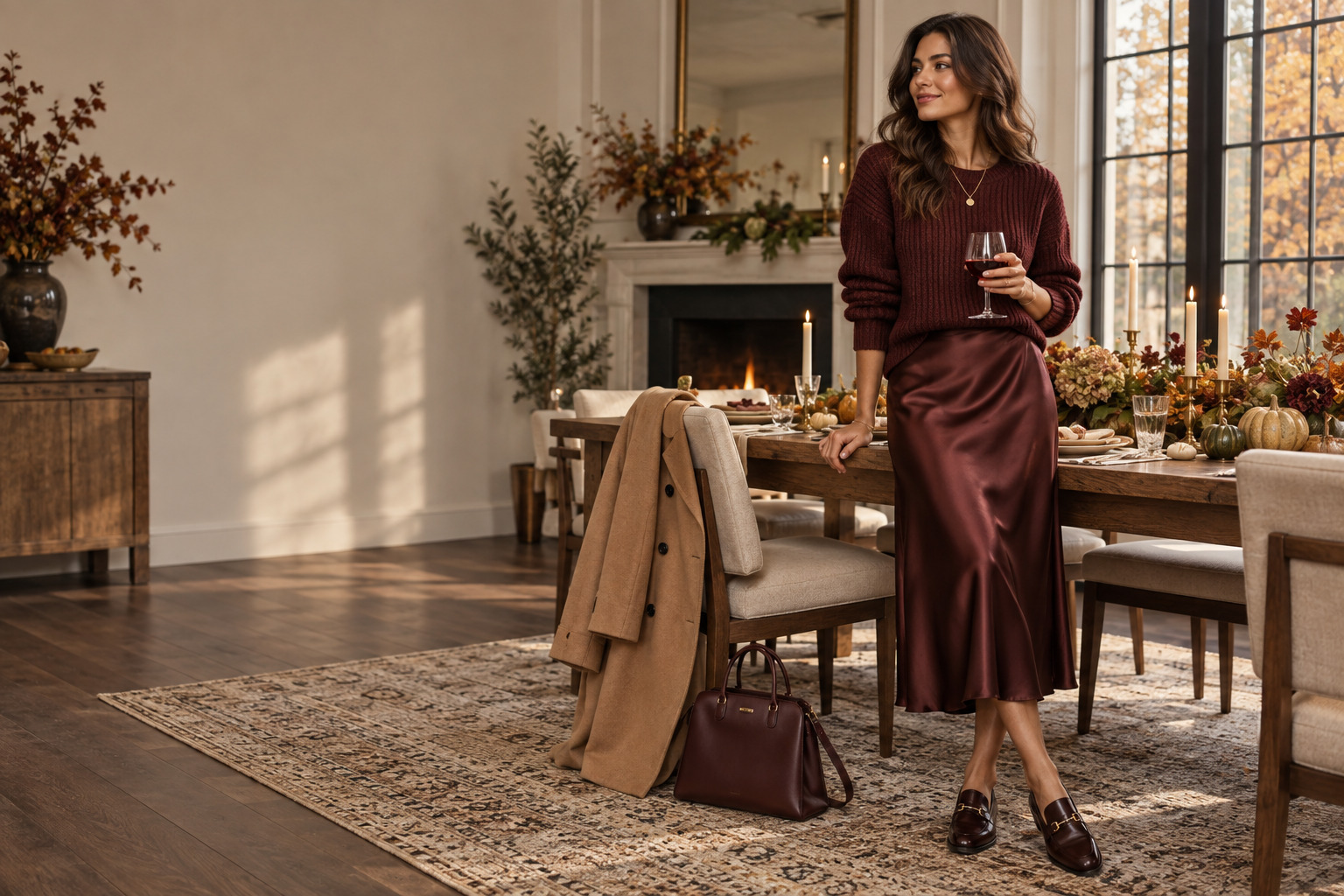 trendy thanksgiving outfits in merlot knit and satin skirt beside a warm holiday table