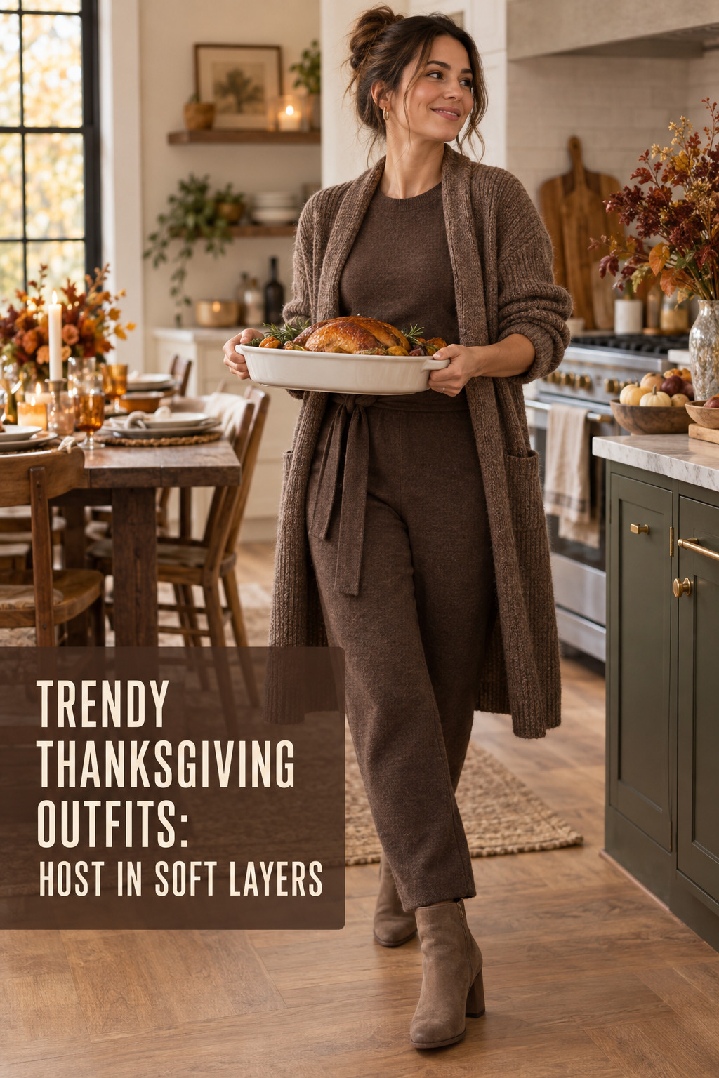 trendy thanksgiving outfits with espresso knit jumpsuit and cardigan for hosting
