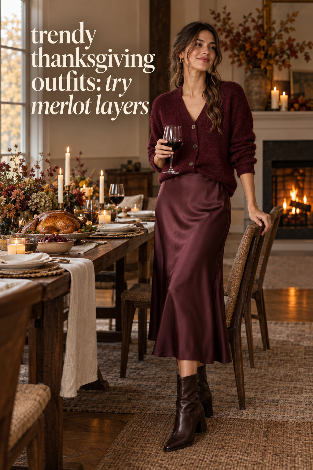 trendy thanksgiving outfits with merlot cardigan, satin skirt and boots at a holiday table