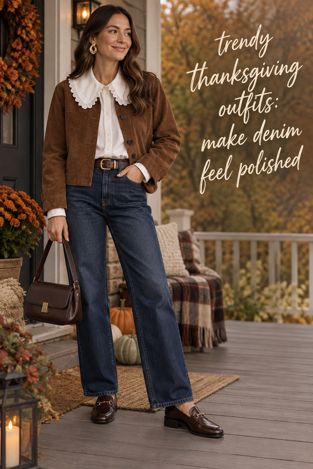 trendy thanksgiving outfits with dark denim, statement collar and suede jacket