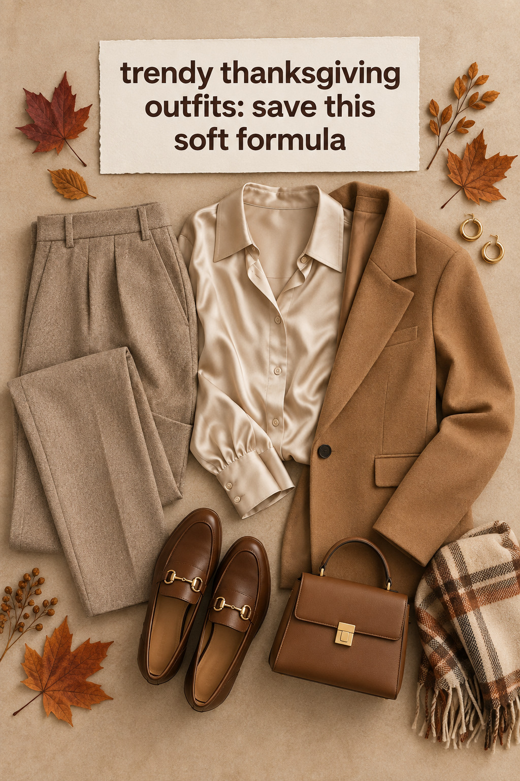 trendy thanksgiving outfits flat lay with soft trousers, satin blouse, blazer and loafers