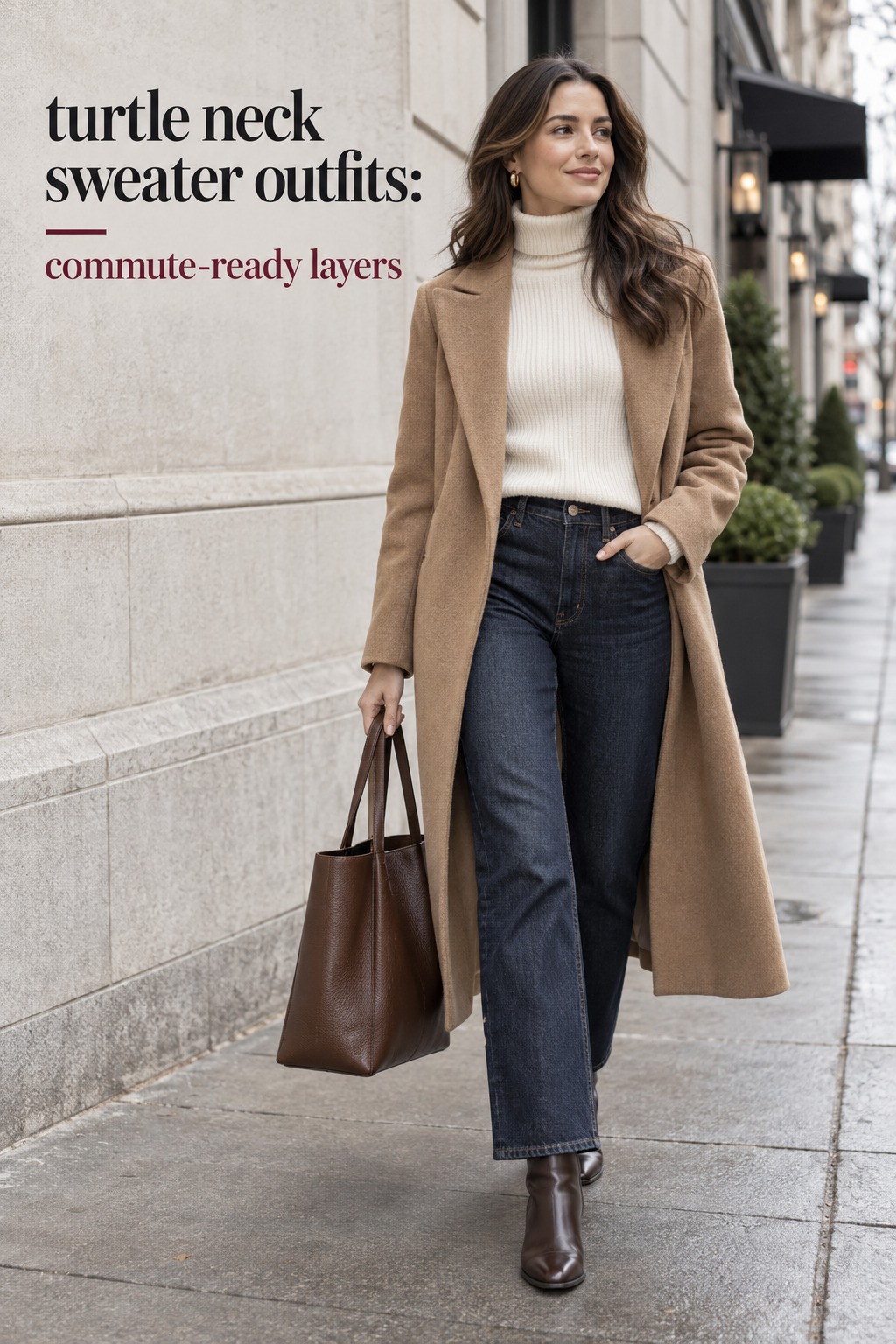turtle neck sweater outfits with cream knit, dark denim, camel coat, tote, and boots