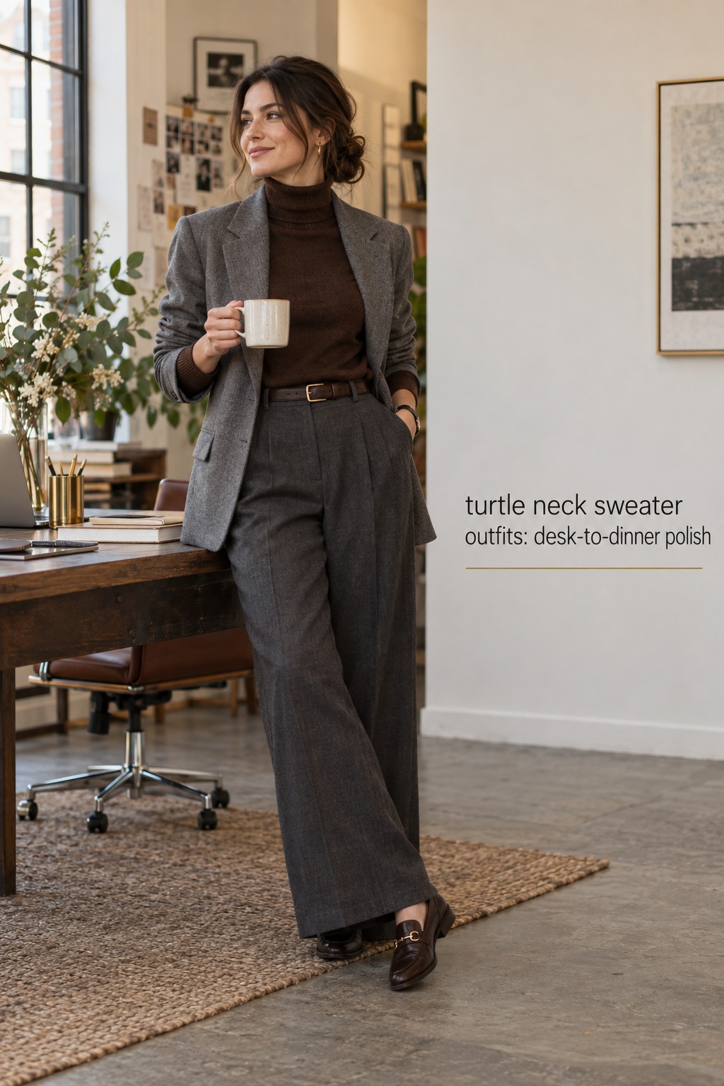 turtle neck sweater outfits flat lay with oatmeal knit, jeans, belt, boots, and camel bag