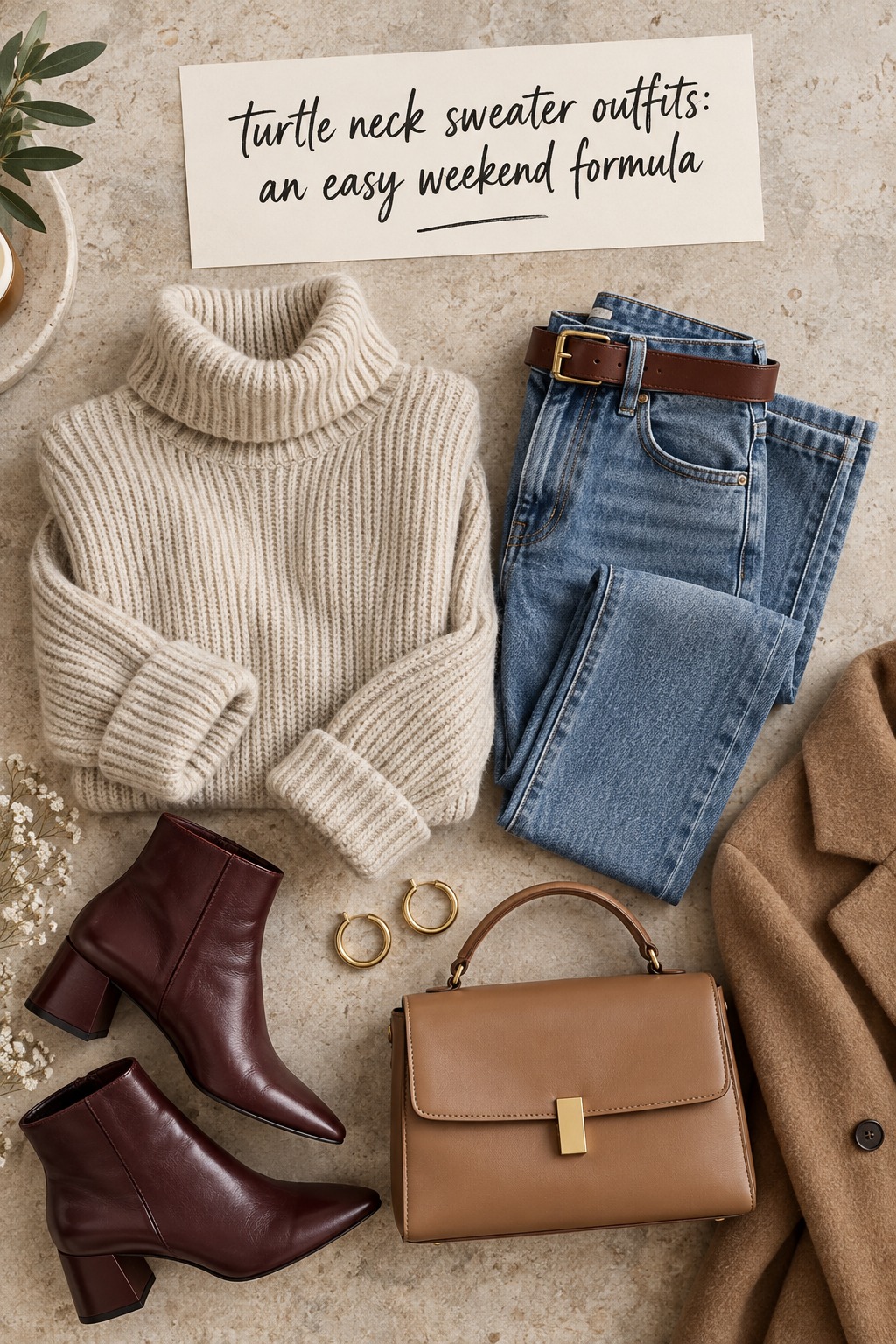 turtle neck sweater outfits with ivory knit, green satin midi skirt, coat, belt, and boots