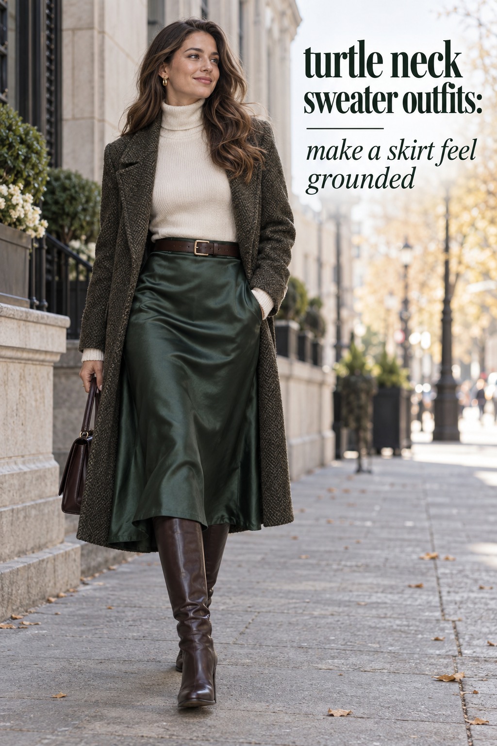 turtle neck sweater outfits with espresso sweater, satin column skirt, coat, and cobalt bag