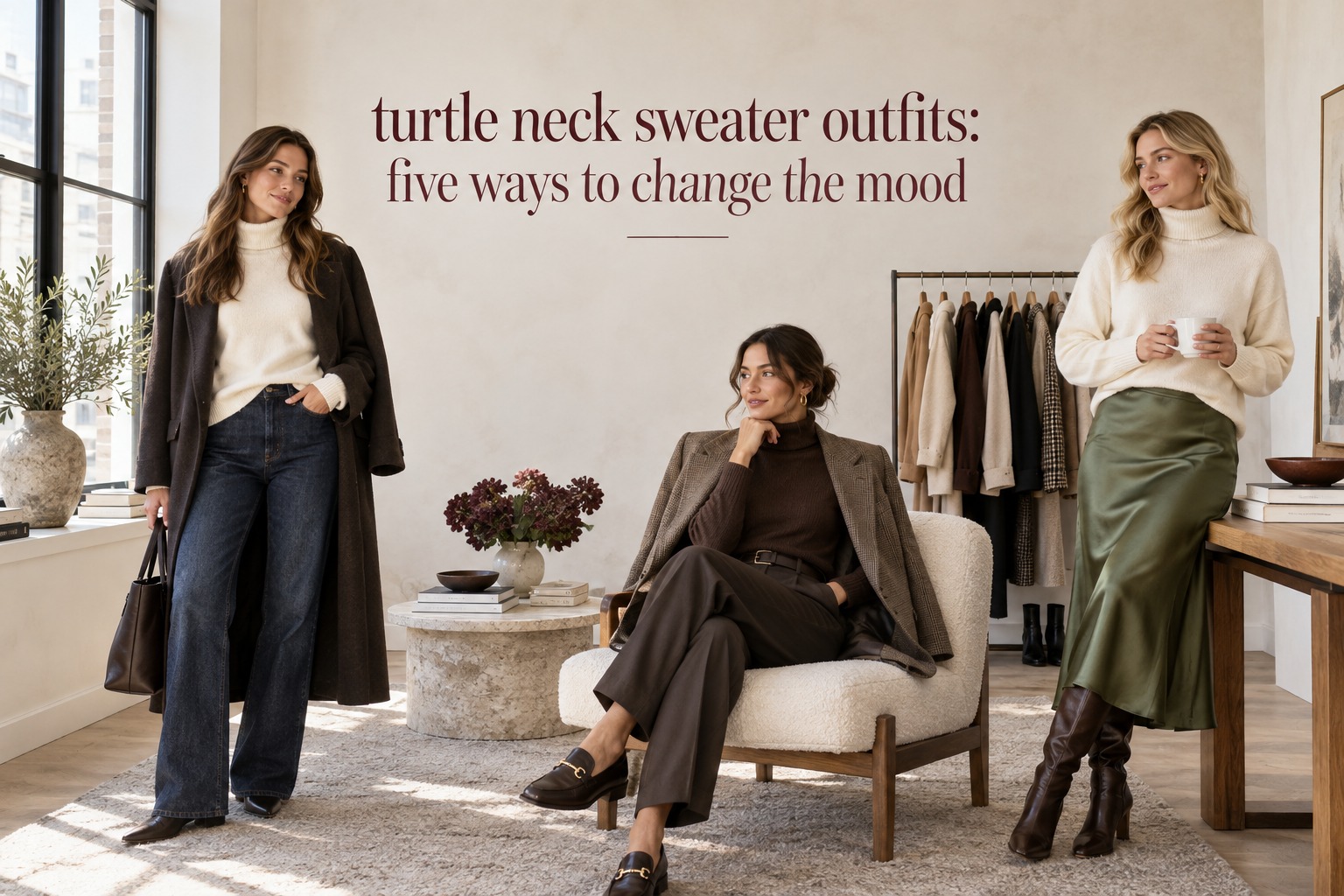 turtle neck sweater outfits group scene with cream, brown, and ivory sweater formulas