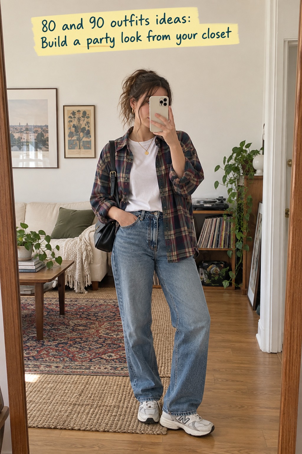 80 and 90 outfits ideas candid mirror look with flannel, white tee and relaxed jeans