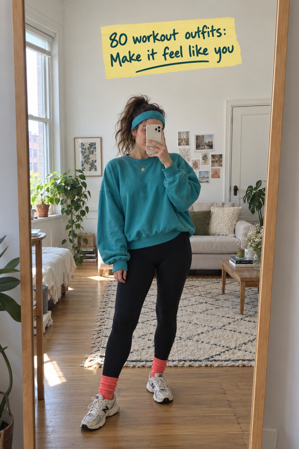 80 workout outfits candid mirror selfie in a teal sweatshirt and black leggings