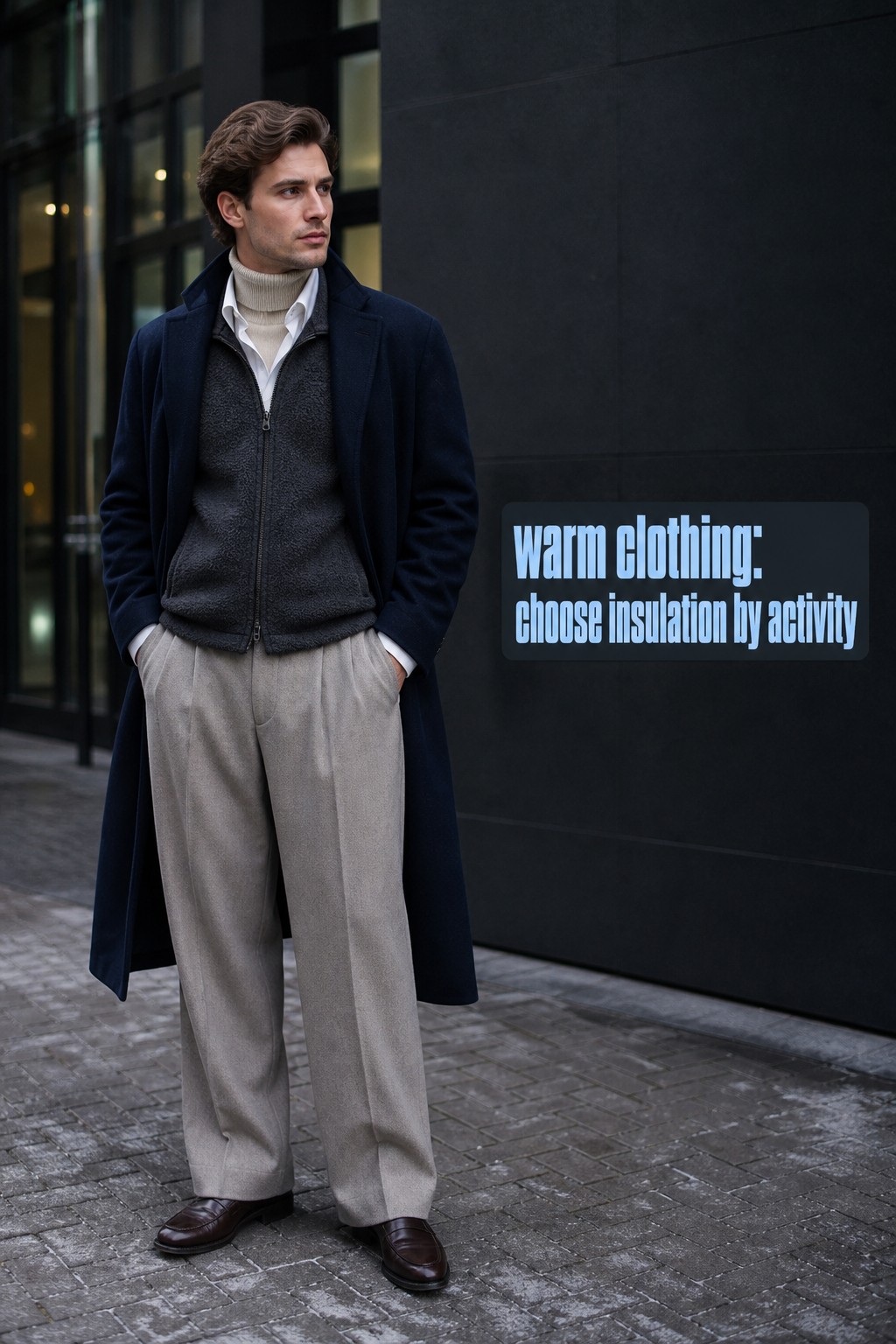 warm clothing fleece vest and turtleneck with tailored trousers and navy coat