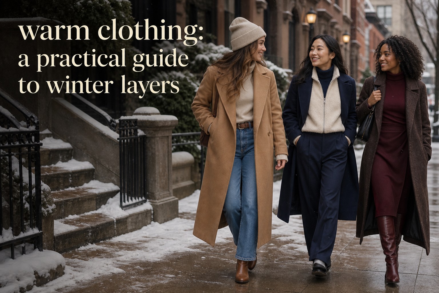 warm clothing winter street style with camel coat fleece vest and burgundy skirt