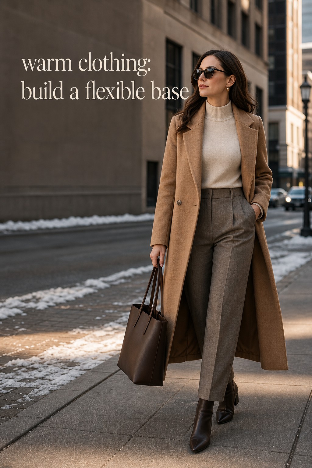 warm clothing merino mock neck with tailored trousers and camel coat