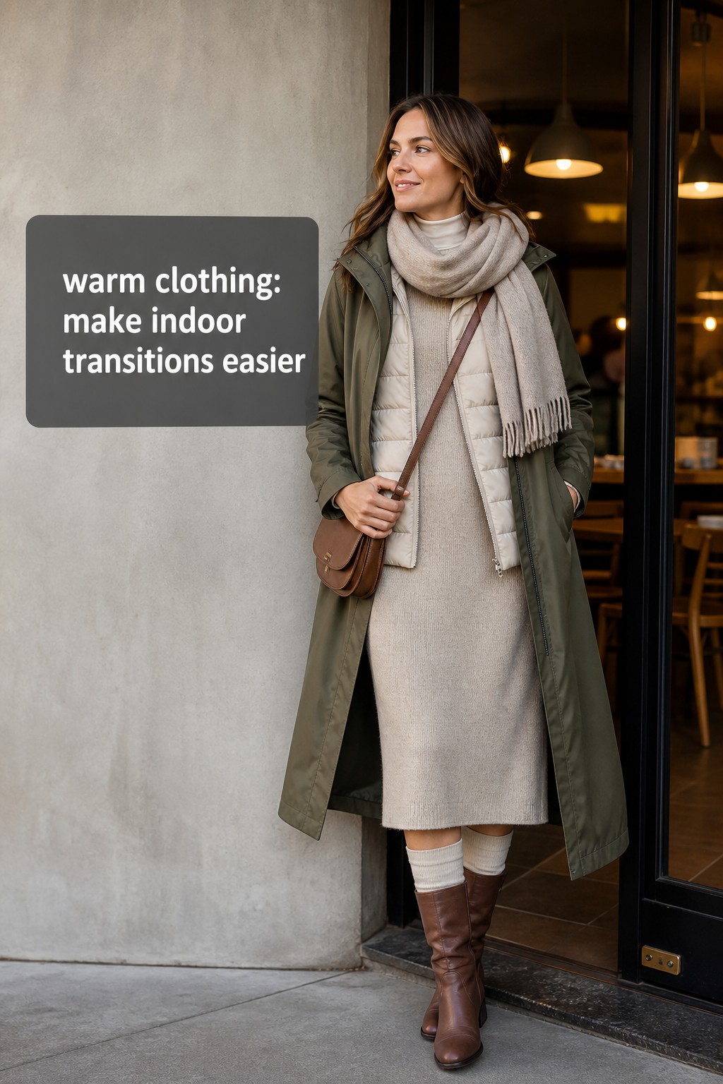 warm clothing knit dress insulated vest olive coat and scarf at a cafe