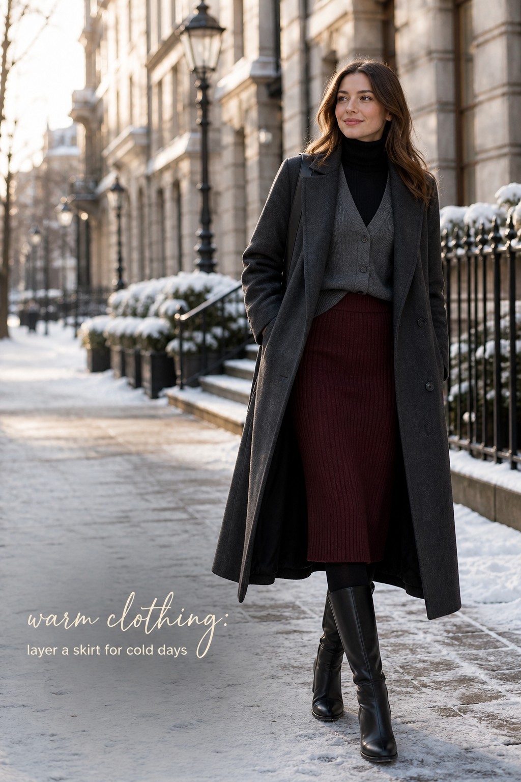warm clothing burgundy knit skirt with tights turtleneck and tall boots