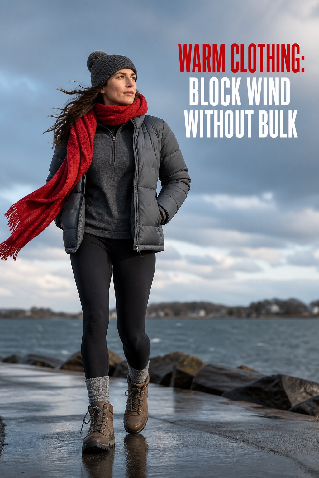 warm clothing puffer jacket fleece layer red scarf and weather-ready boots