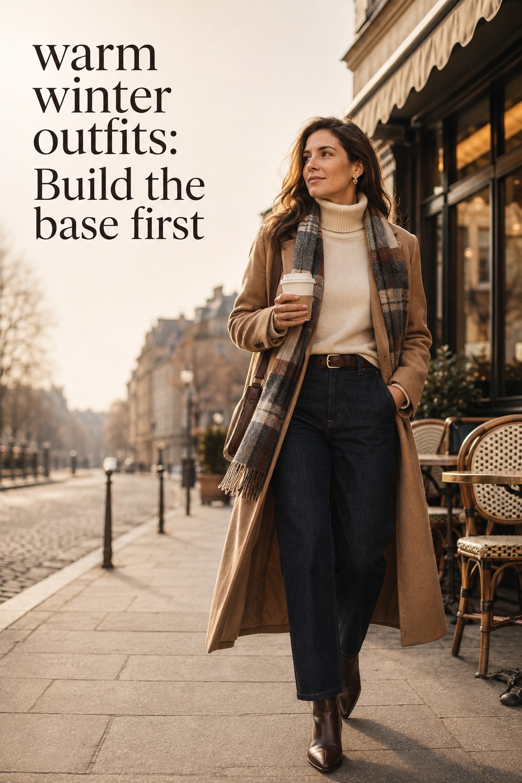 warm winter outfits with camel coat, merino turtleneck, dark denim, boots, and plaid scarf