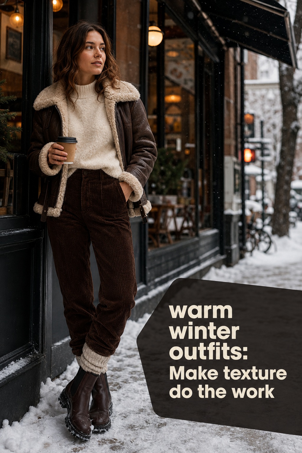 warm winter outfits with shearling jacket, ivory sweater, corduroy trousers, socks, and lug boots