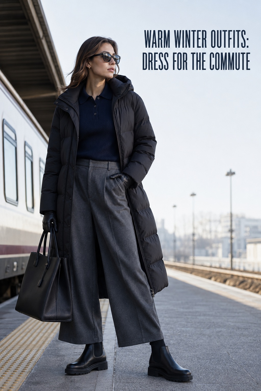 warm winter outfits for a commute with navy knit, gray trousers, long puffer, gloves, and boots