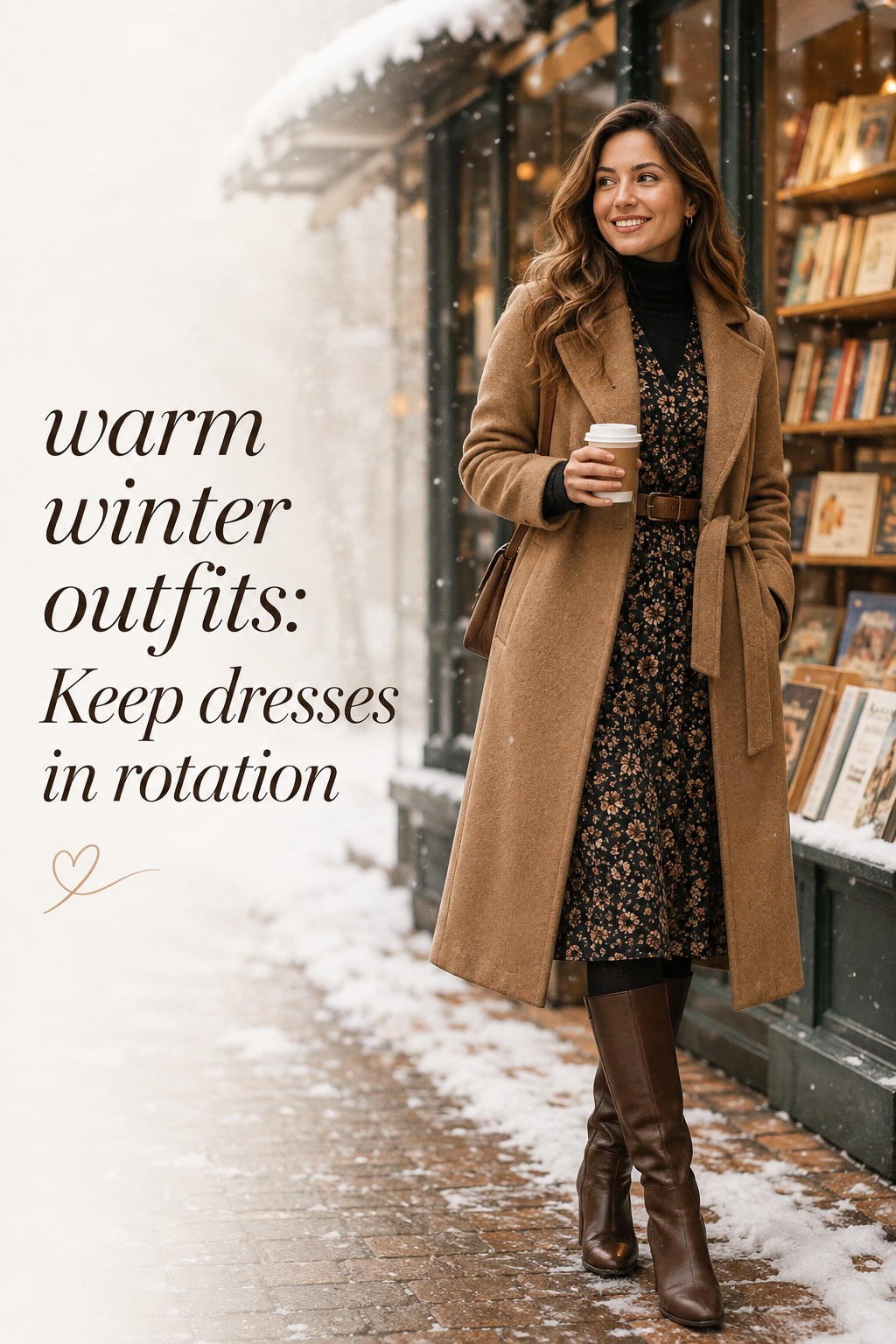 warm winter outfits with printed dress, black turtleneck, tights, tall boots, and camel coat