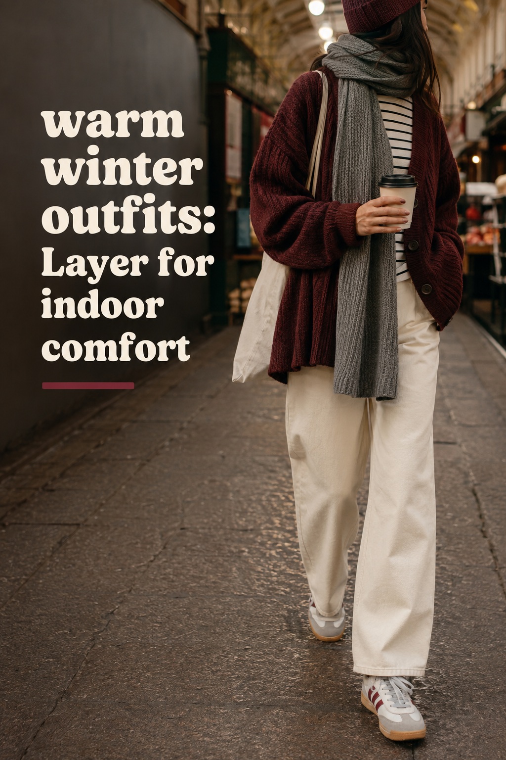 warm winter outfits for indoor comfort with burgundy cardigan, striped top, scarf, trousers, and sneakers