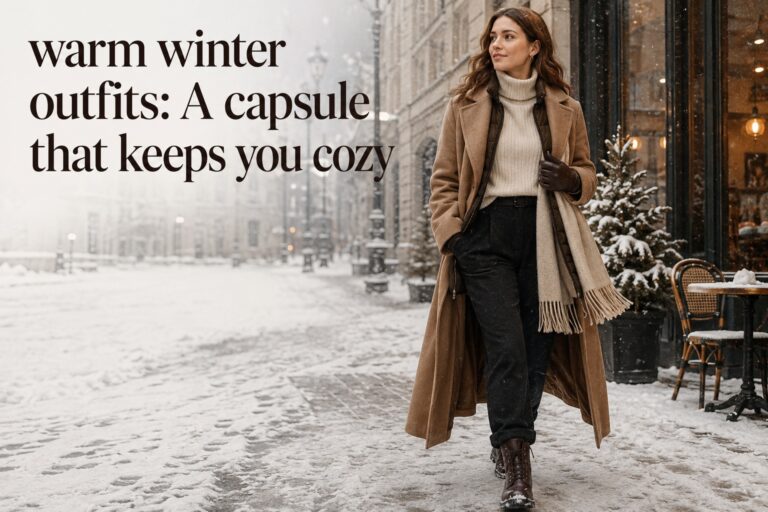 warm winter outfits capsule with camel coat, cream knit, dark trousers, boots, scarf, and gloves