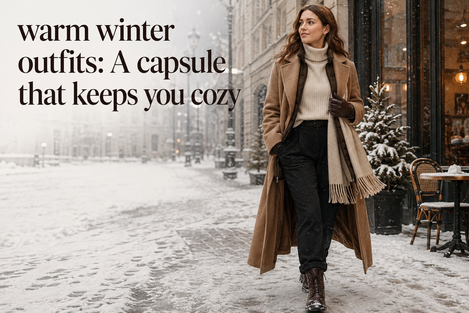 warm winter outfits capsule with camel coat, cream knit, dark trousers, boots, scarf, and gloves