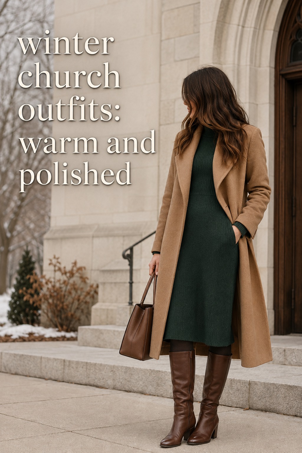 winter church outfits with a forest green midi dress and camel coat