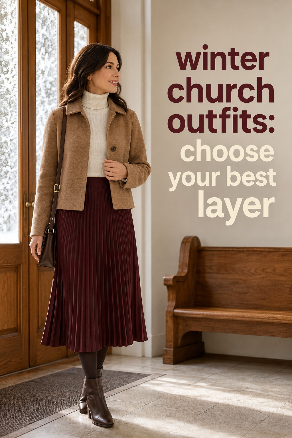winter church outfits with a burgundy pleated skirt and ivory turtleneck