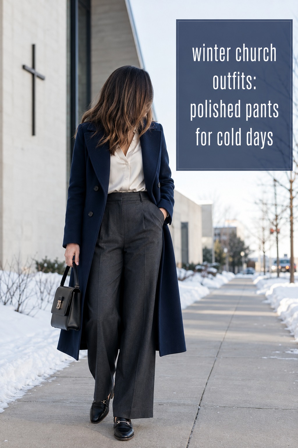 winter church outfits with tailored charcoal trousers and a navy coat