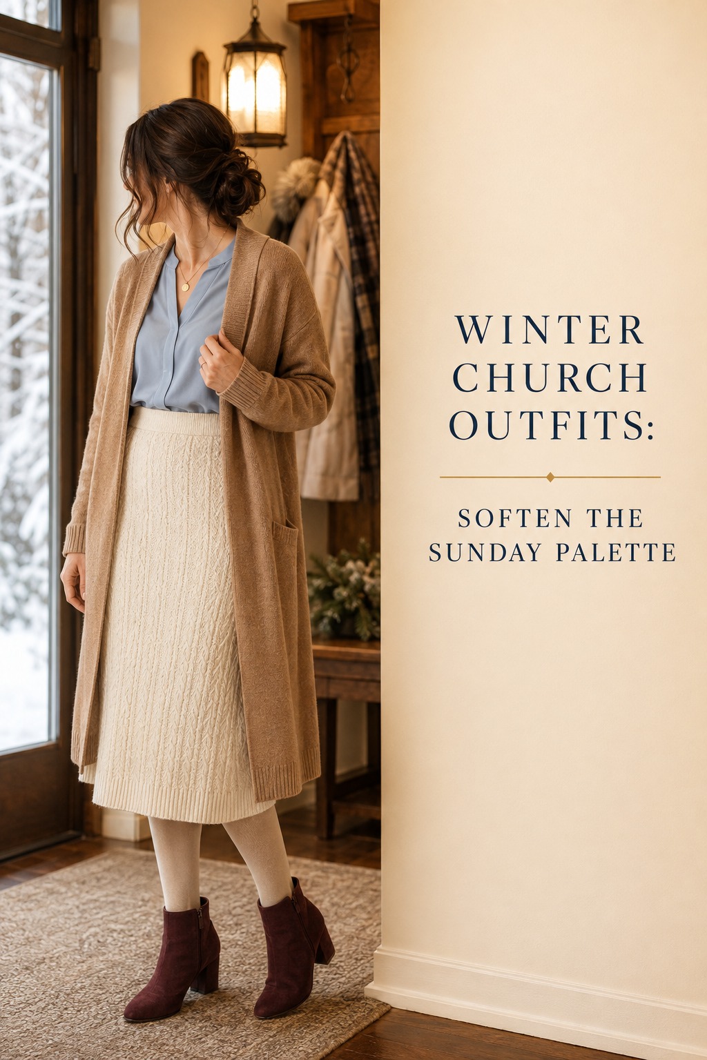 winter church outfits with an ivory knit skirt and camel cardigan
