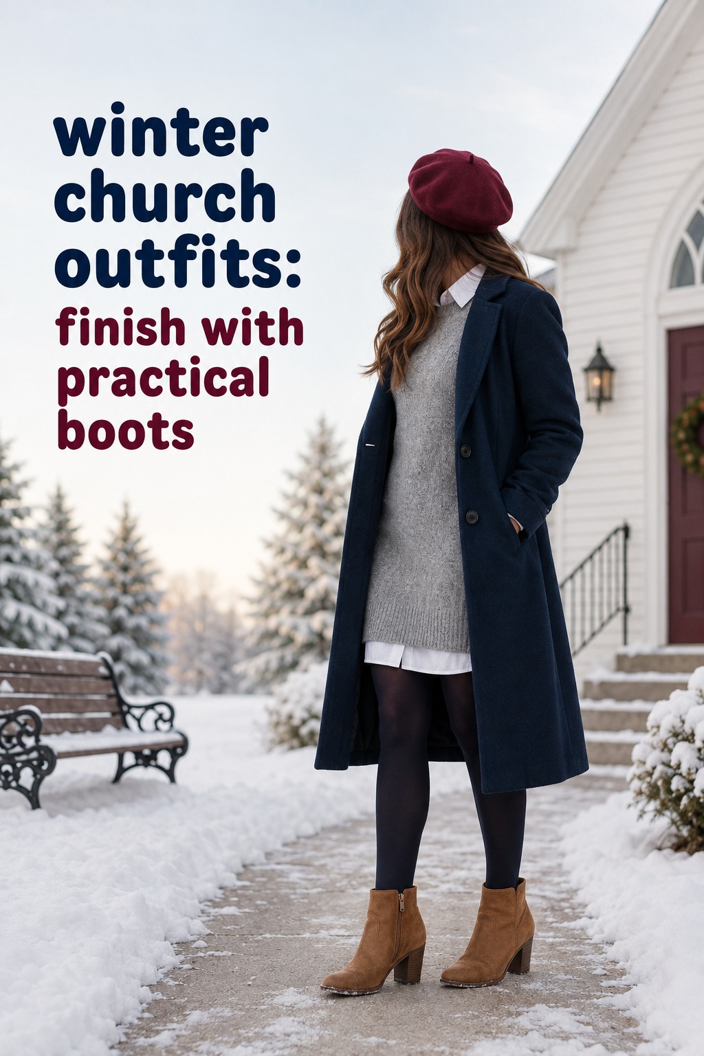 winter church outfits with a gray sweater dress and practical tan boots