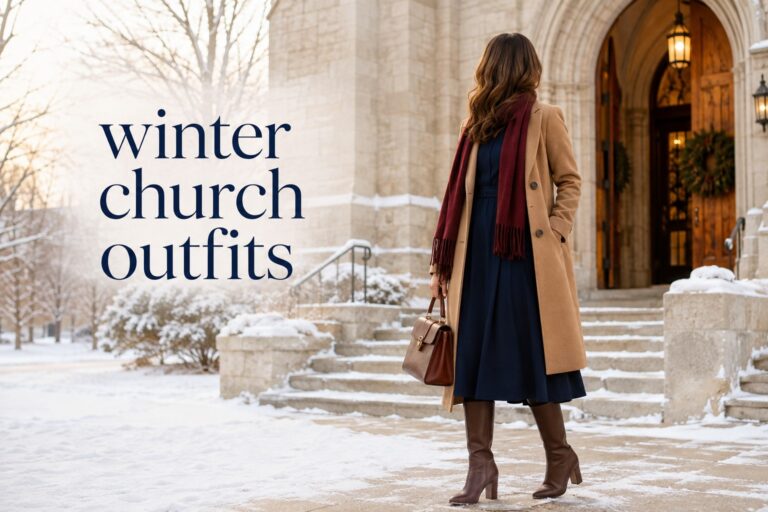 winter church outfits with a navy dress camel coat and boots