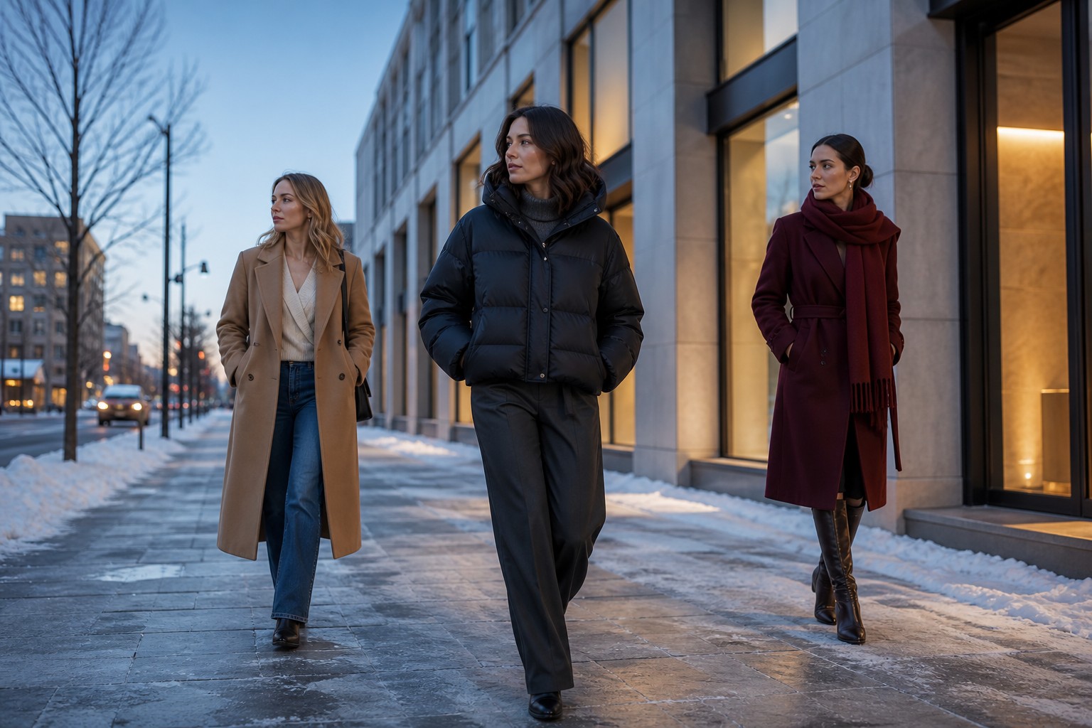 three women wearing coordinated winter coat outfits on a snowy city sidewalk