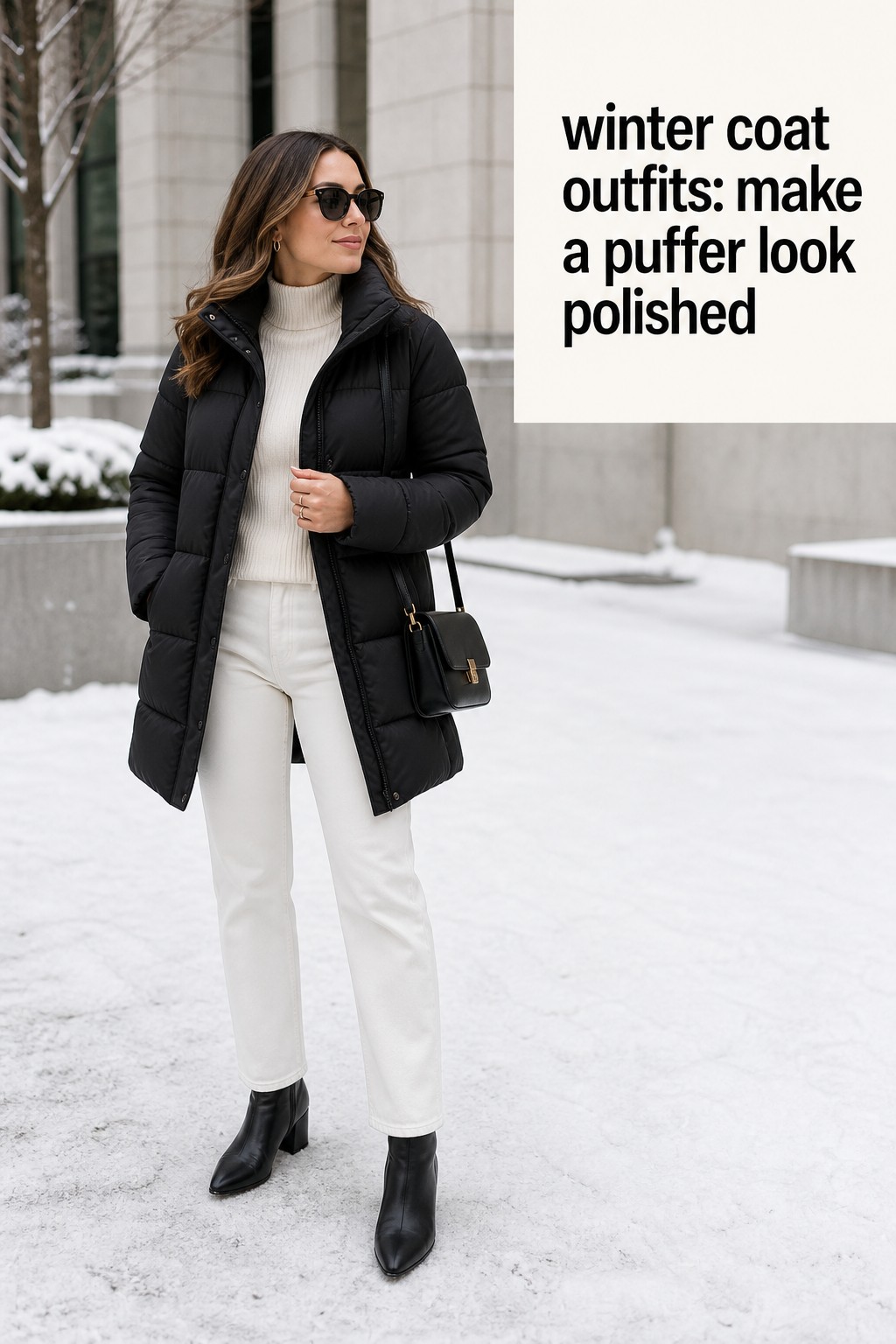 winter coat outfits with a black puffer, winter-white jeans, cream knit, and black boots