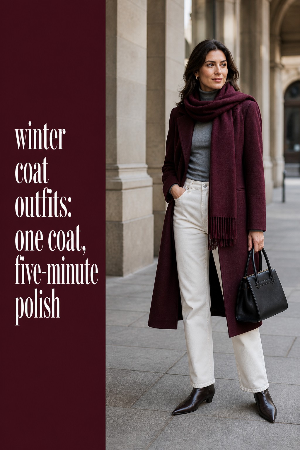winter coat outfits with burgundy scarf coat, white denim, gray turtleneck, and boots