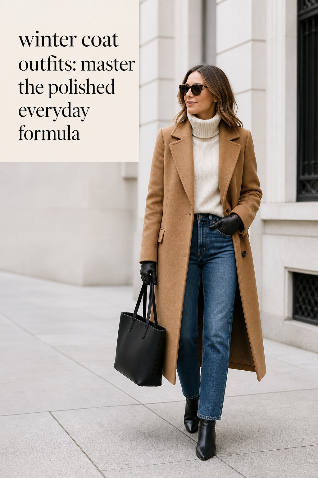 winter coat outfits with camel wool coat, ivory turtleneck, straight jeans, and ankle boots