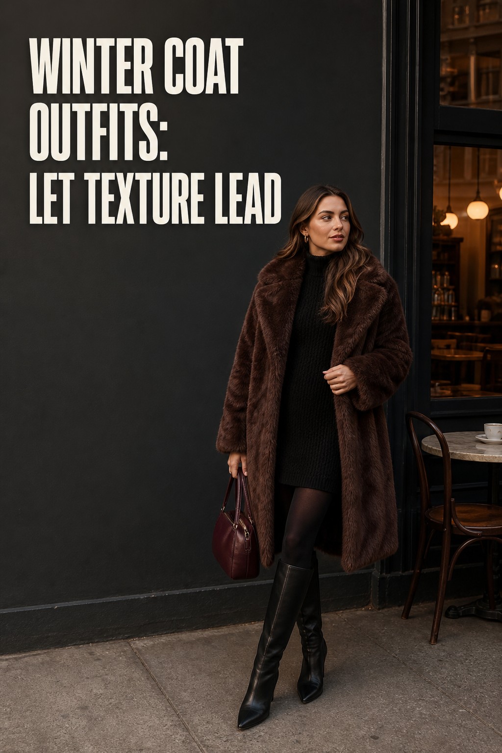 winter coat outfits with chocolate faux-fur coat, black knit dress, tights, and boots